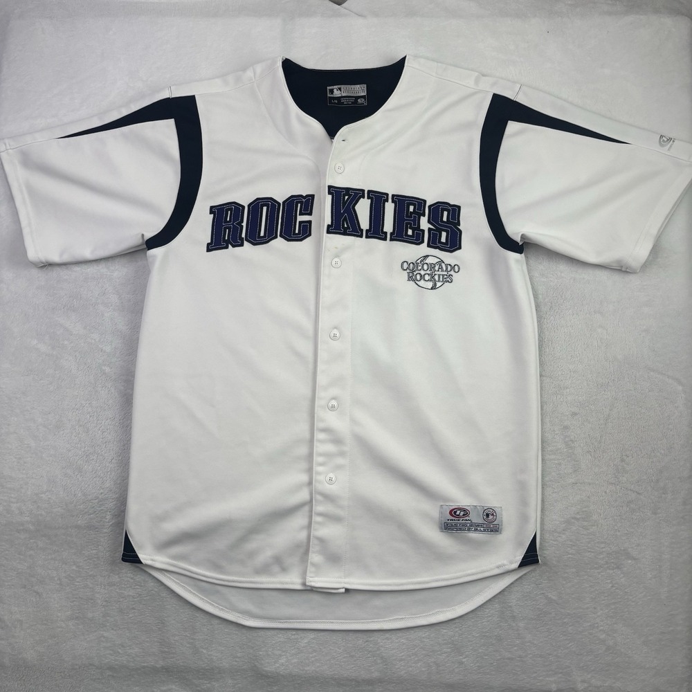 Y2K True Fan Colorado Rockies White Button Up Baseball Jersey Men's Large Stain